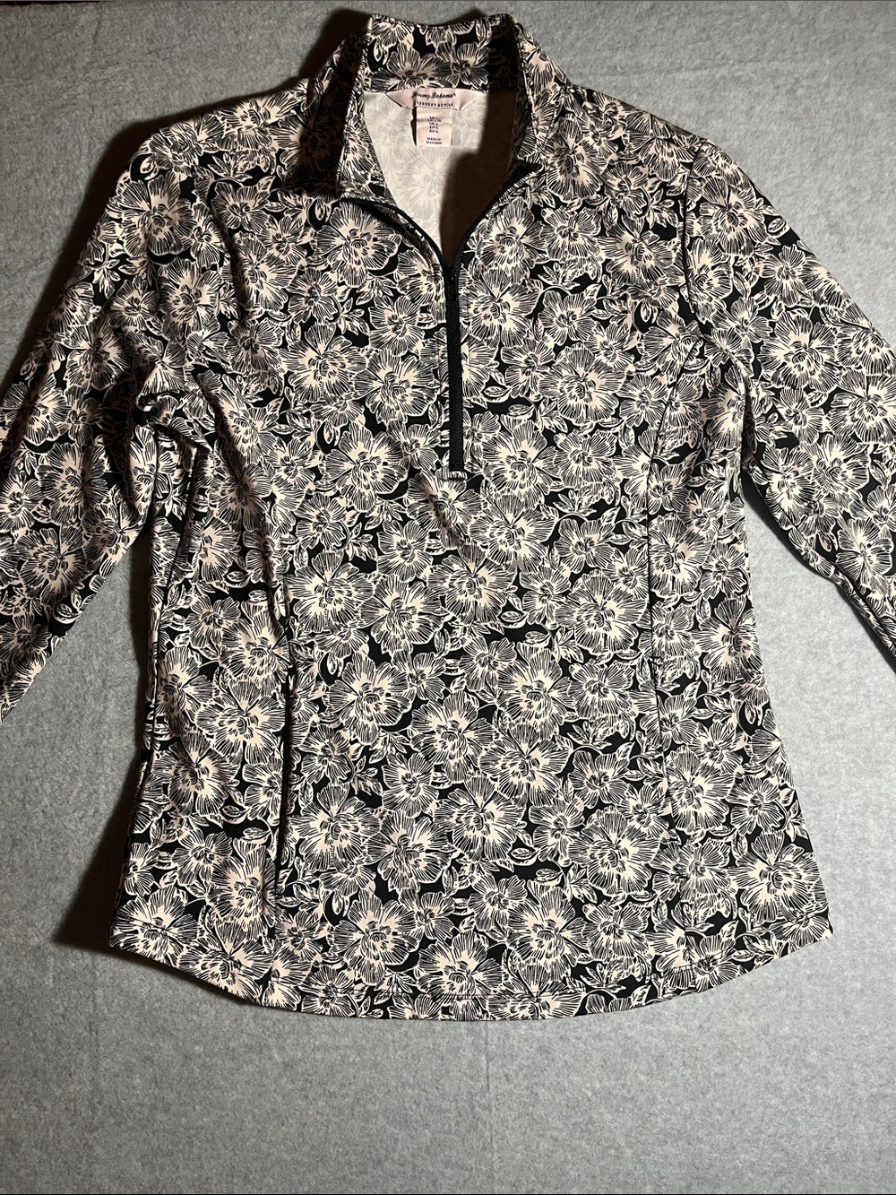 Tommy Bahama Black & White Floral Half-Zip Long Sleeve Top